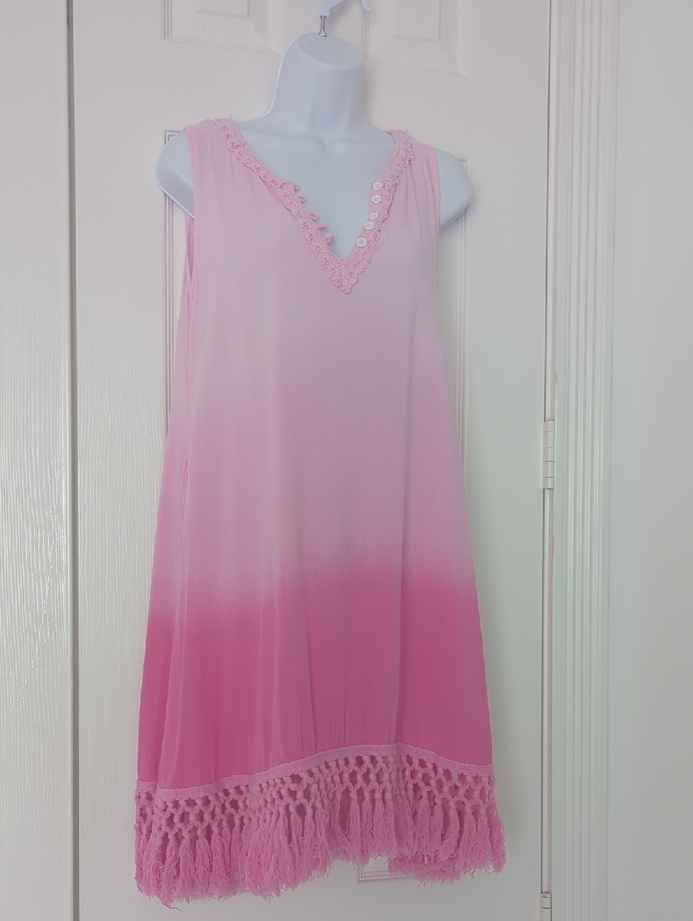 Island Beach Pink Ombre Lace V-Neck Swim Coverup with Fringe